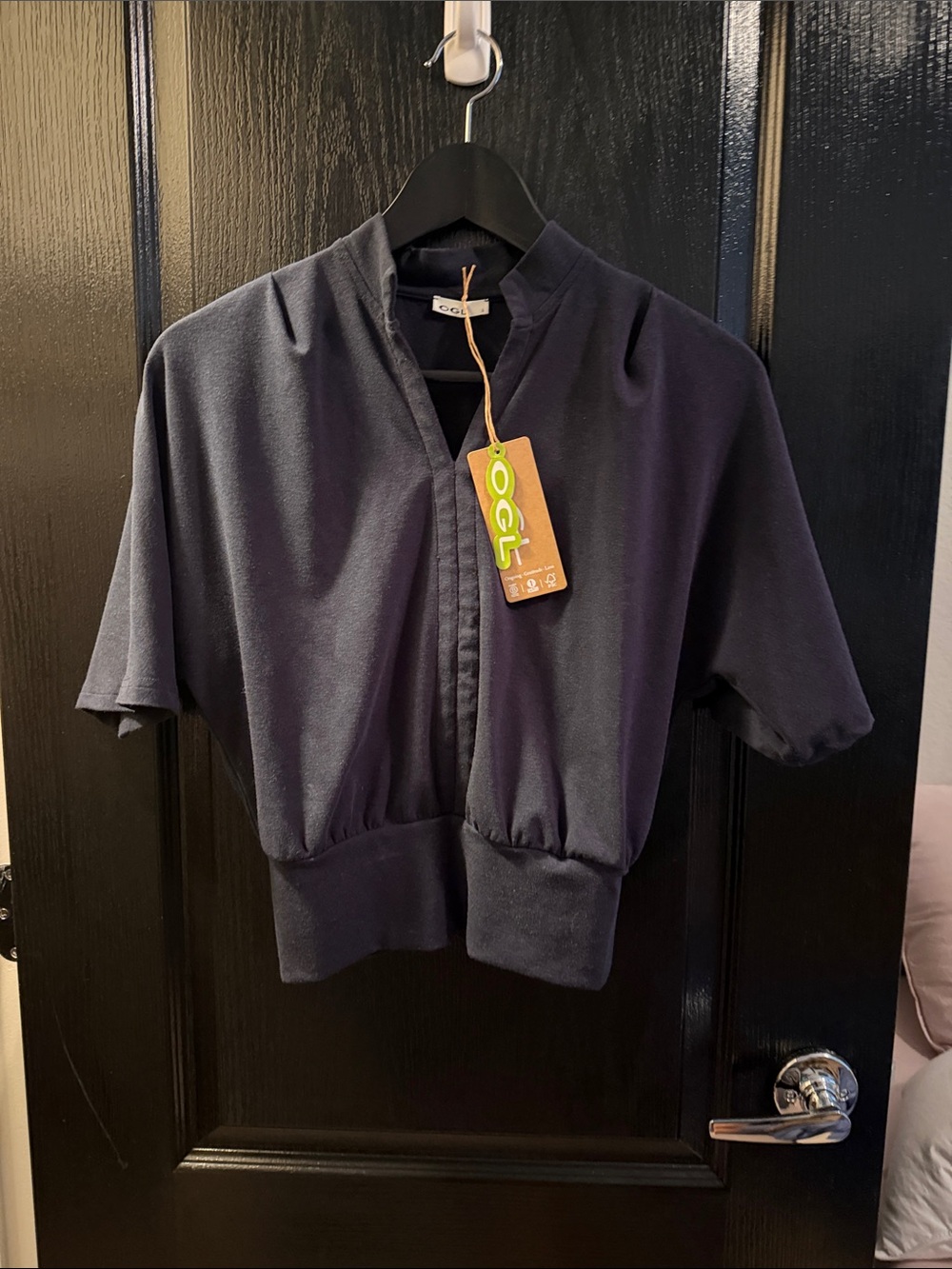 OGL Stand Collar V-Neck Short Sleeve Top - Navy
